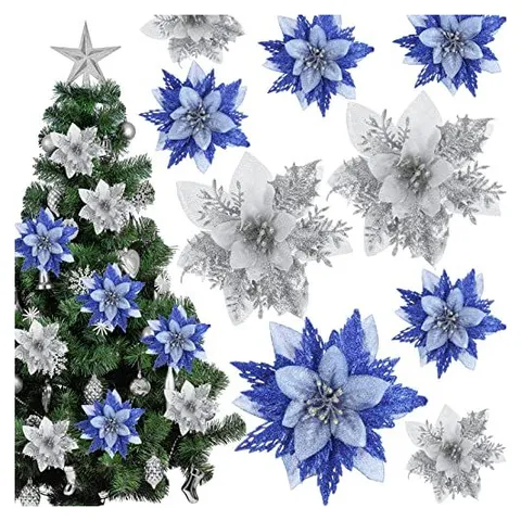 Yunsailing Glitter Poinsettia Picks – Blue, Silver
